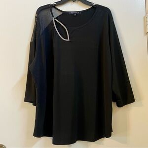 New Look Black Top with Mesh Shoulder and Rhinestone Leaf